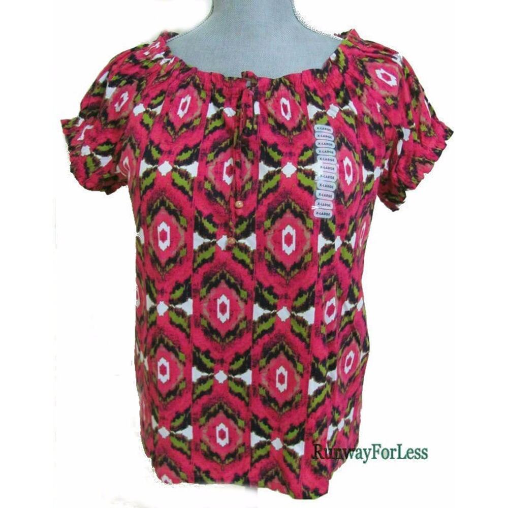 New GRACE ELEMENTS Womens XL Venetian Rose Peasant Top Ruffle Edge Beaded Tie